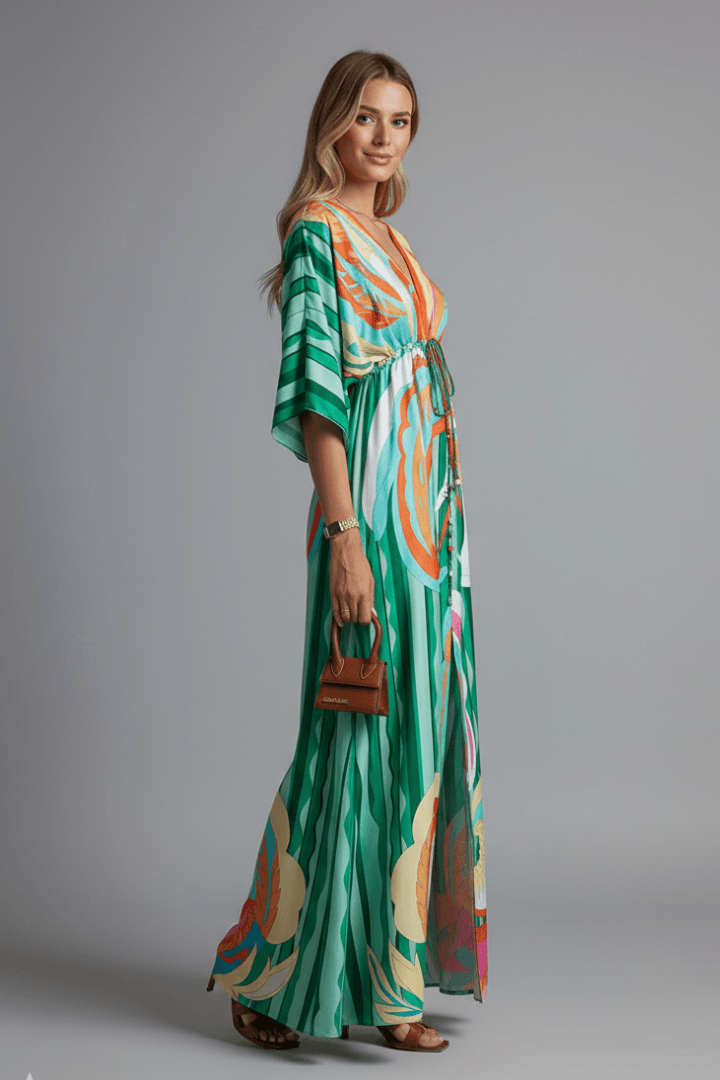 Serena Bellini | Bohemian Tropical Print Maxi Dress with Tie Waist