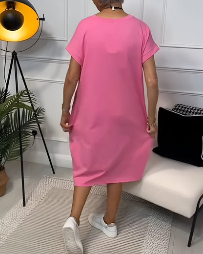 Bessie Relaxed Drop-Shoulder Short-Sleeve Dress with Pockets in Midi Length