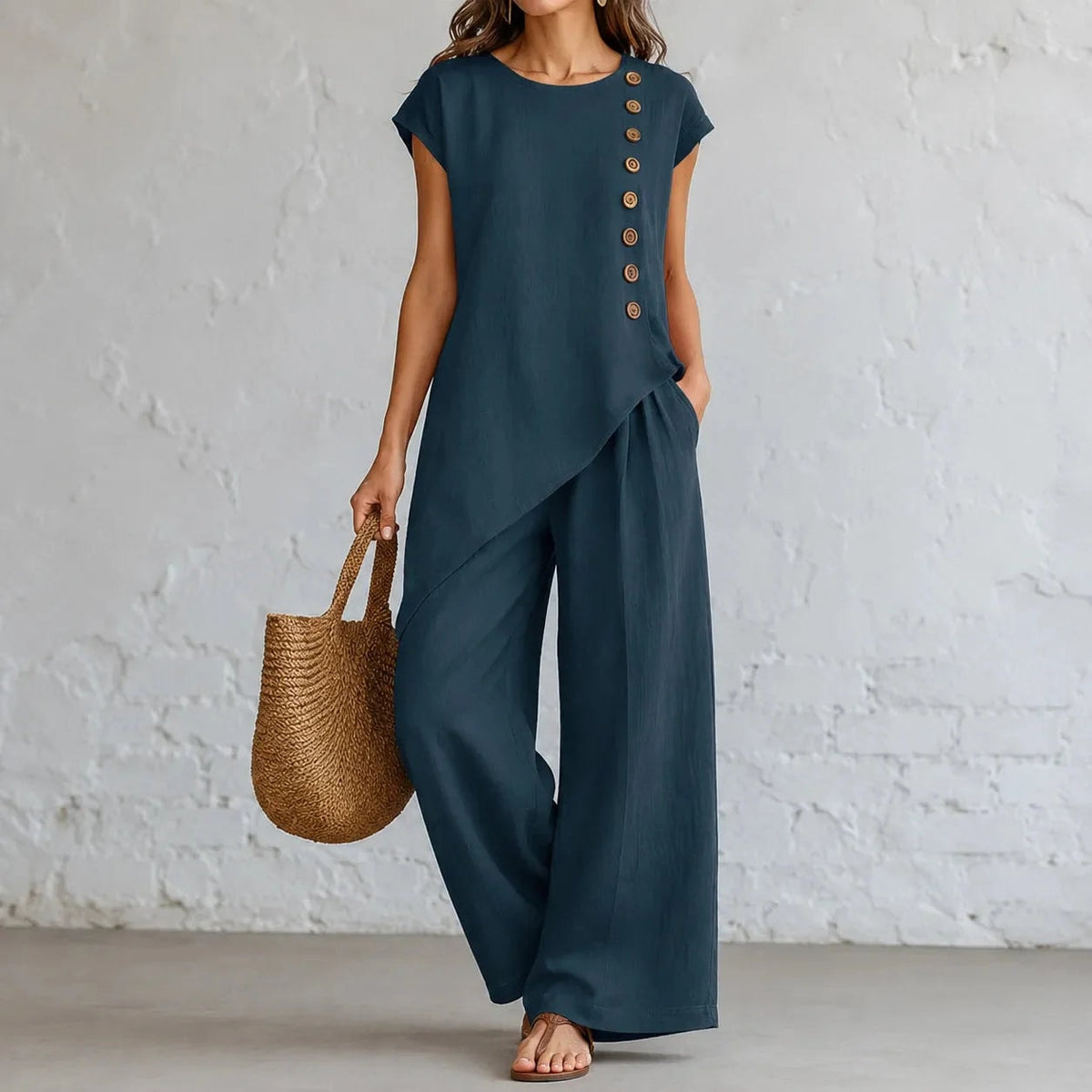 Two-Piece Matching Co-Ord Set with Asymmetric Button Top and Wide-Leg Pants