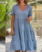 Elsie Tiered V-Neck Cotton Linen Summer Dress with Short Sleeves