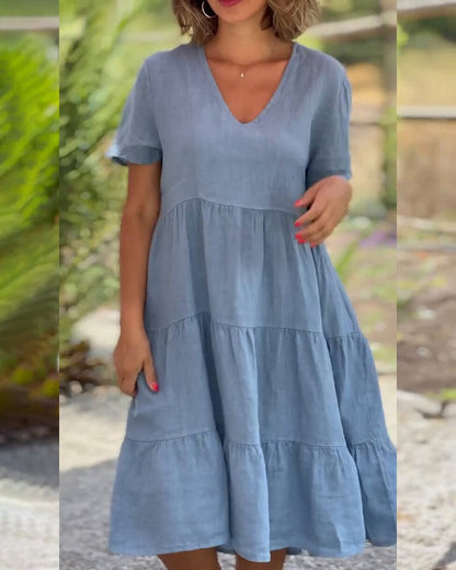 Elsie Tiered V-Neck Cotton Linen Summer Dress with Short Sleeves