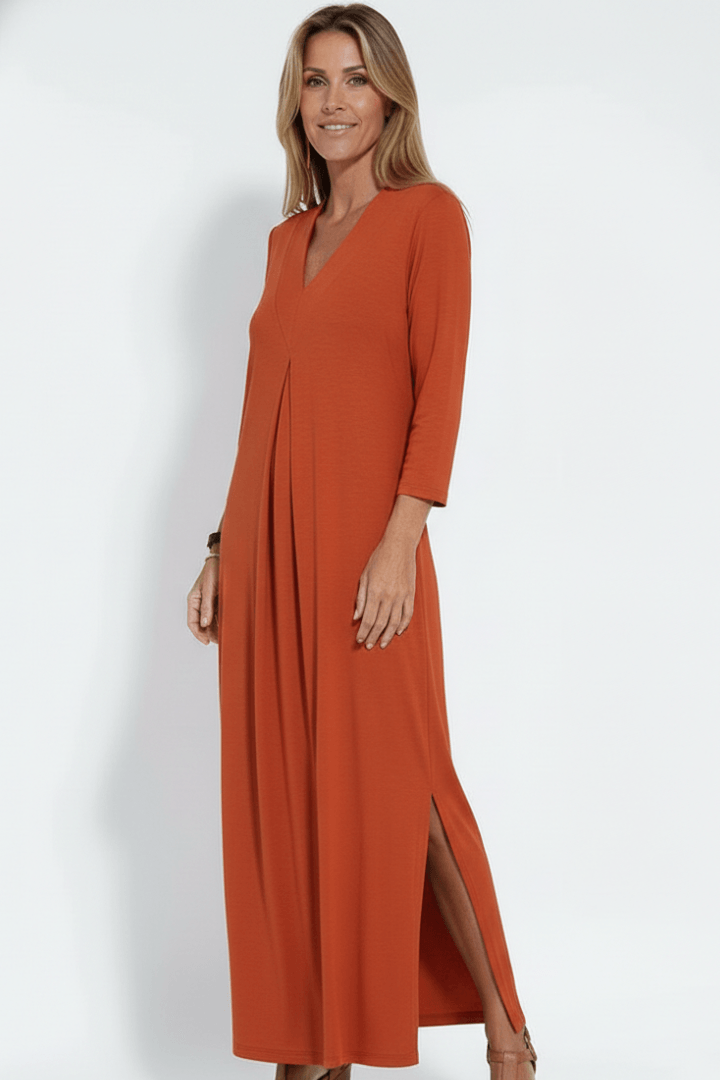 Women's Long Sleeve V-Neck Jersey Knit Maxi Dress with Side Slit