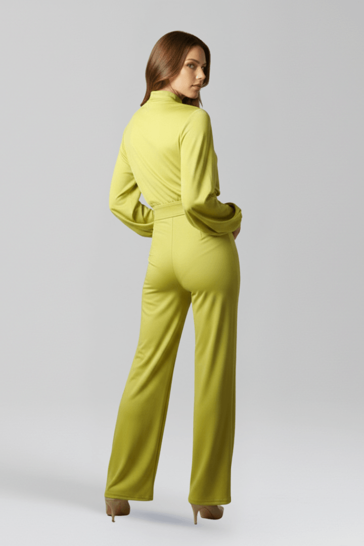 Women's Mock Neck Wide-Leg Linen Jumpsuit with Balloon Sleeves