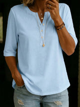 Relaxed Linen Henley Top with Half Sleeves and Button Placket