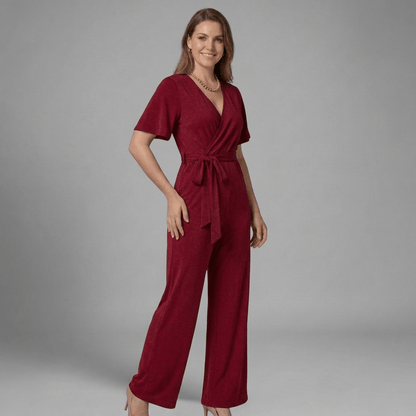 Liora Wrap Front V-Neck Wide-Leg Jumpsuit with Short Sleeves and Waist Tie