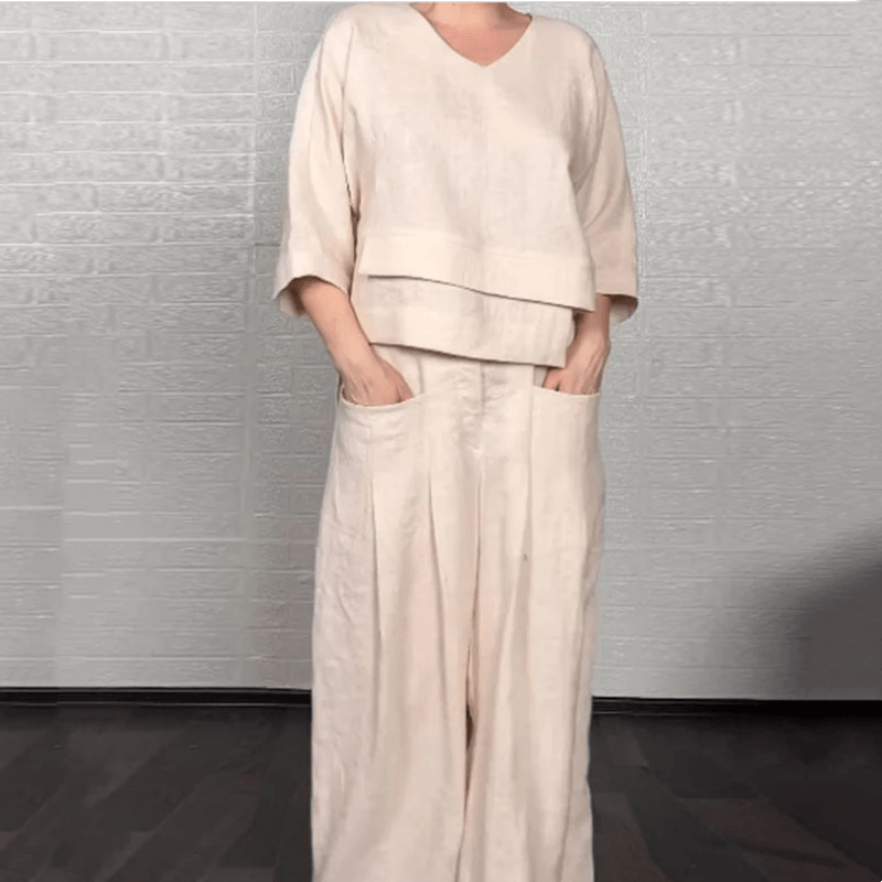 Cotton Linen Matching Two-Piece Set with V-Neck Top and Wide-Leg Pants