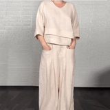 Cotton Linen Matching Two-Piece Set with V-Neck Top and Wide-Leg Pants