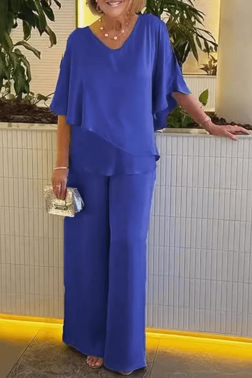 Hannah Sullivan Flowy Chiffon Blouse and Wide-Leg Pants Co-ord Set