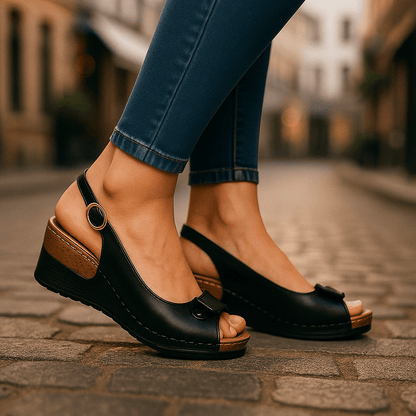 Slingback Peep Toe Leather Sandals with Buckle Strap and Wedge Heel