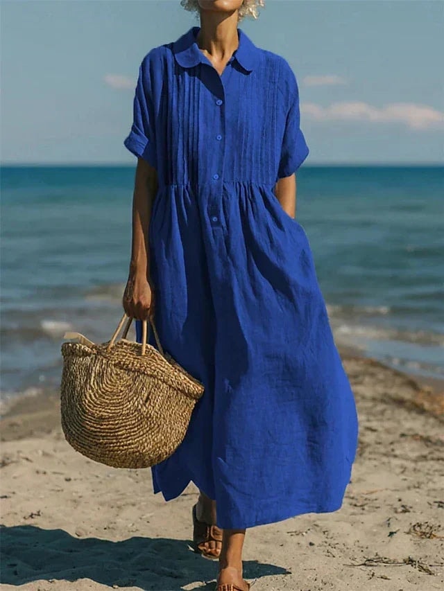 Harper Sutton Pintuck Linen Collared Midi Shirt Dress for Women
