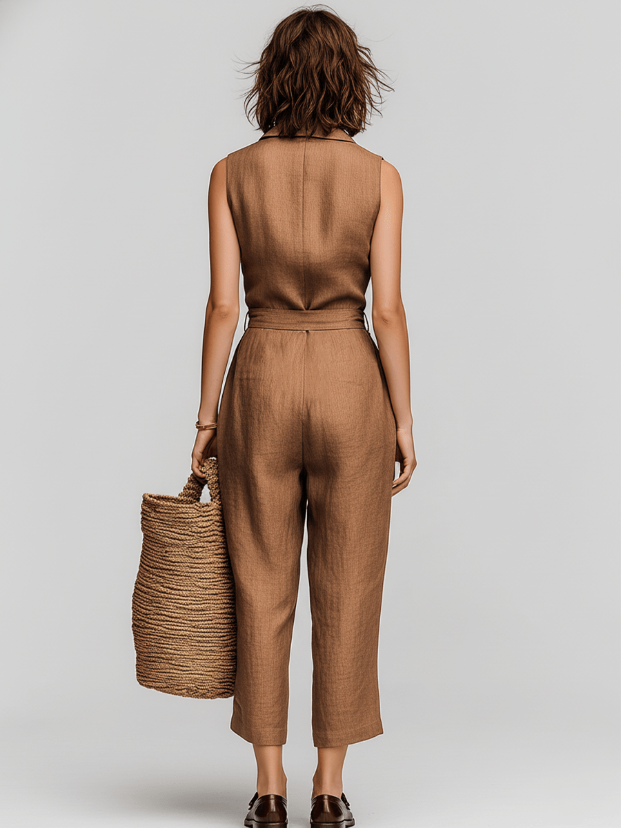 Women's Belted Wide-Leg Linen Jumpsuit with Pockets