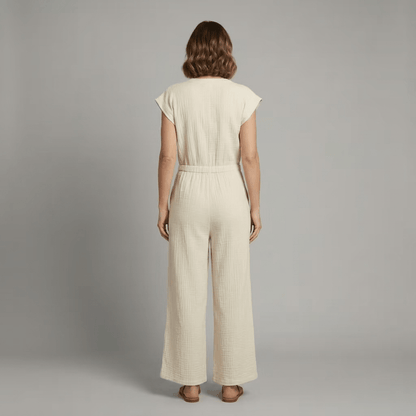 Wide-Leg Button-Front Jumpsuit with V-Neck Cap Sleeves and Side Pockets