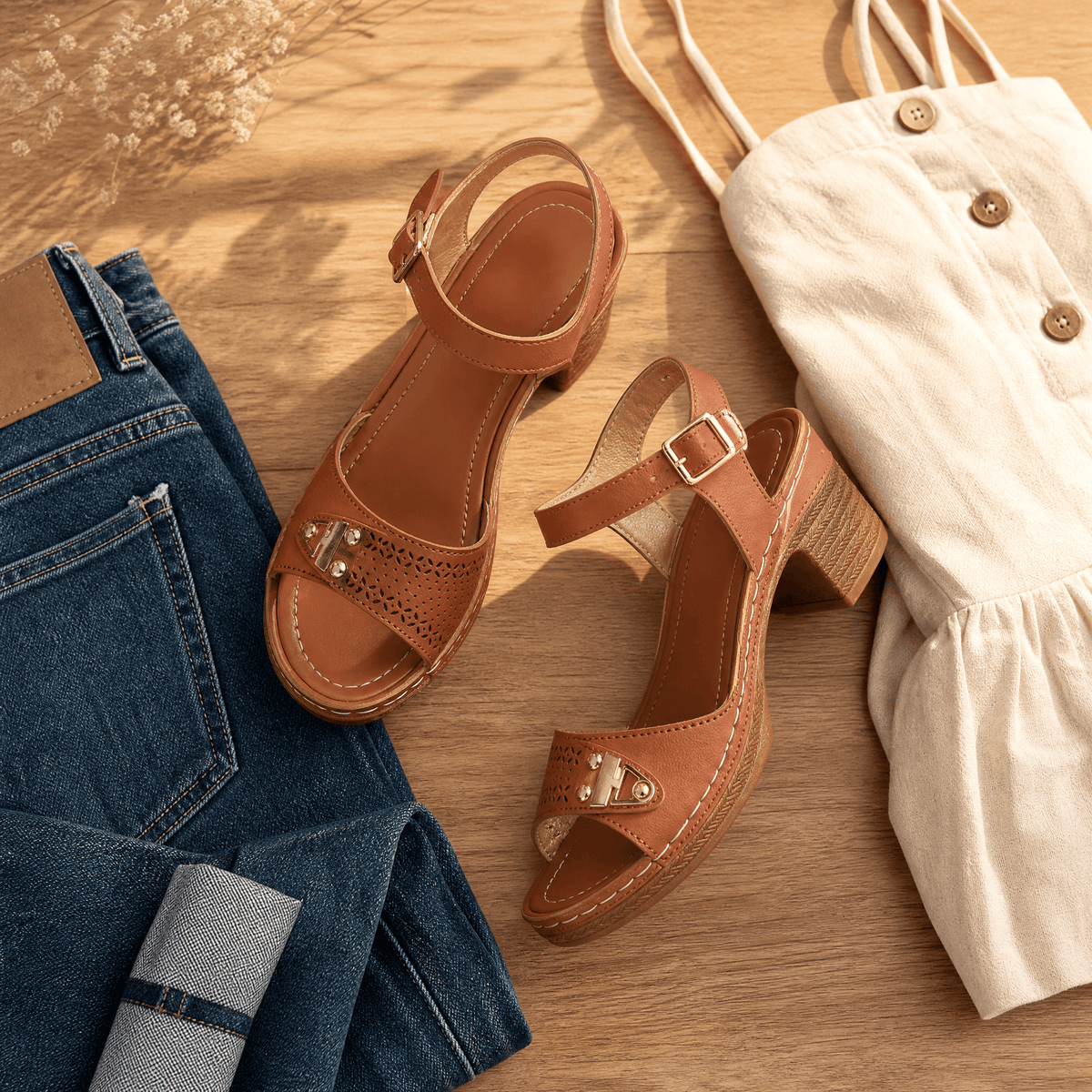 Women's Cushioned Block Heel Sandals with Buckle Ankle Strap
