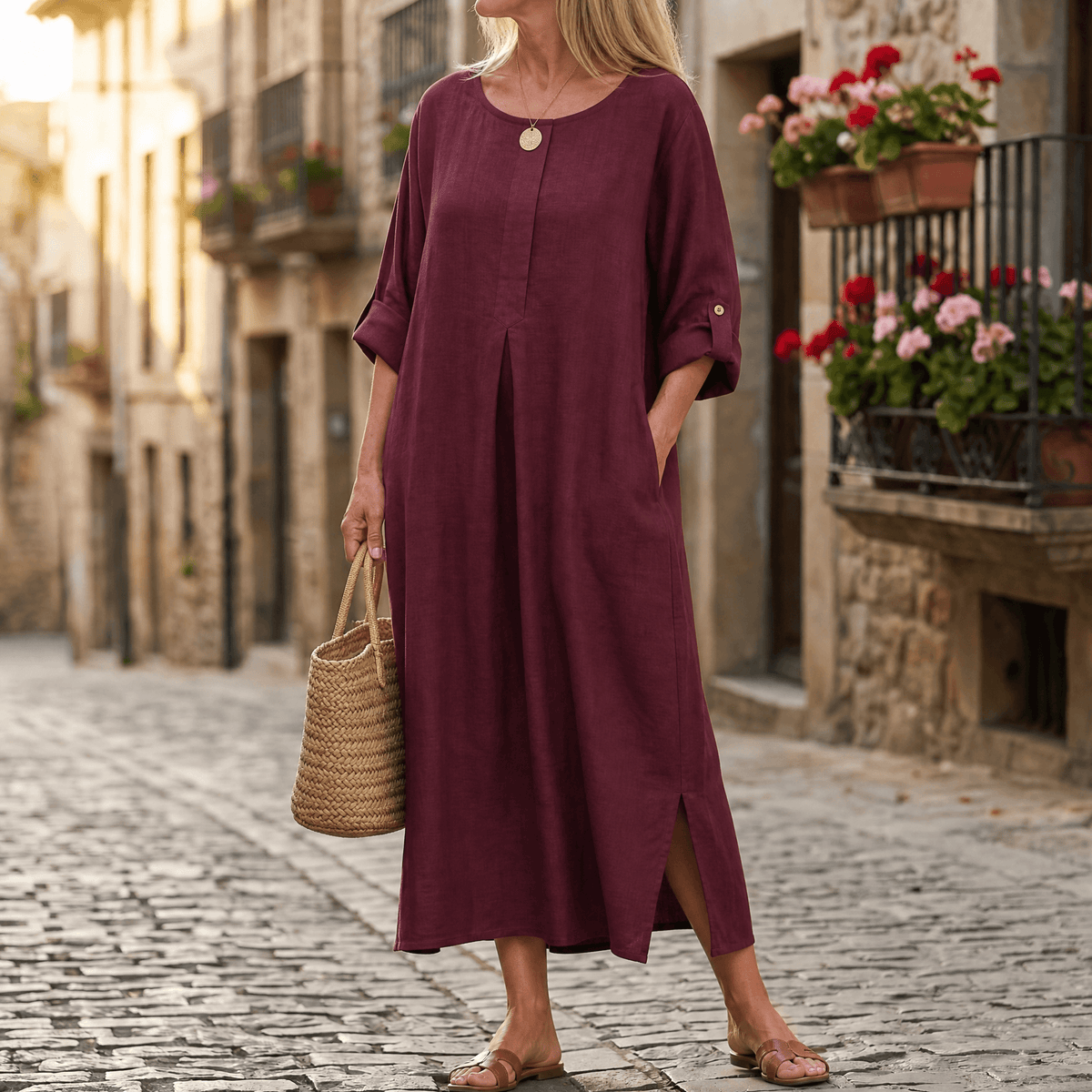 Women's Linen Summer Midi Dress with Roll-Up Sleeves and Side Pockets