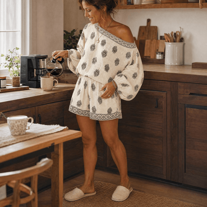 Solenne Off-Shoulder Block Print Two Piece Co Ord Set with Pockets