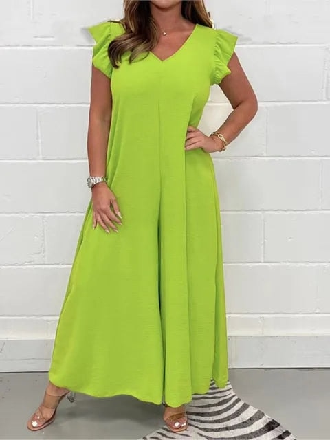 Sabrina Wide Leg Jumpsuit with Ruffled Sleeves and V-Neck