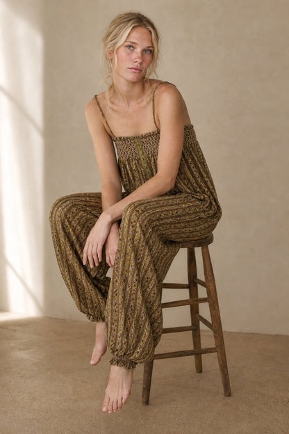 Women's Boho Harem Linen Jumpsuit with Tie-Shoulder Straps