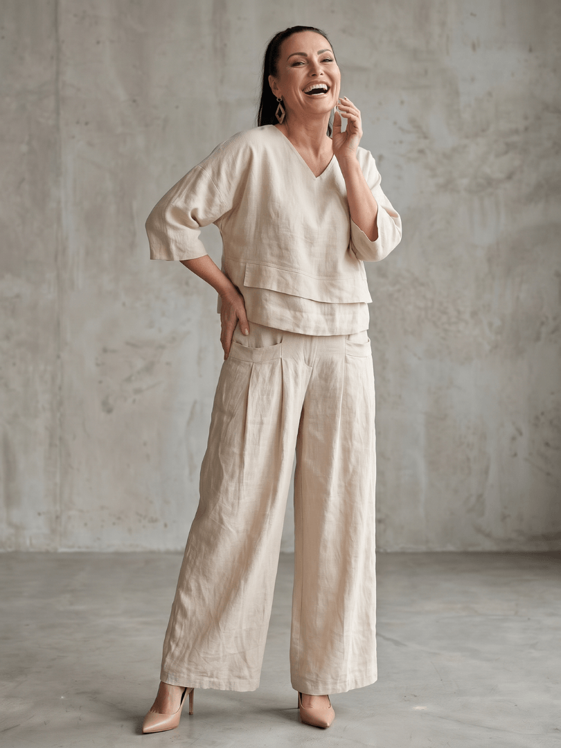 Matching Co-Ord Two-Piece Set with Layered V-Neck Top and Wide-Leg Pants