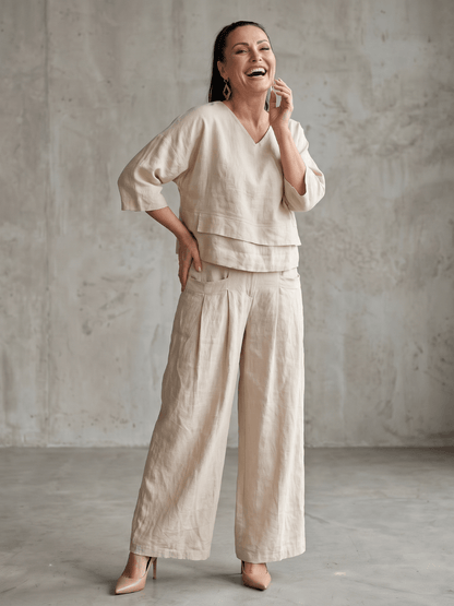 Matching Co-Ord Two-Piece Set with Layered V-Neck Top and Wide-Leg Pants