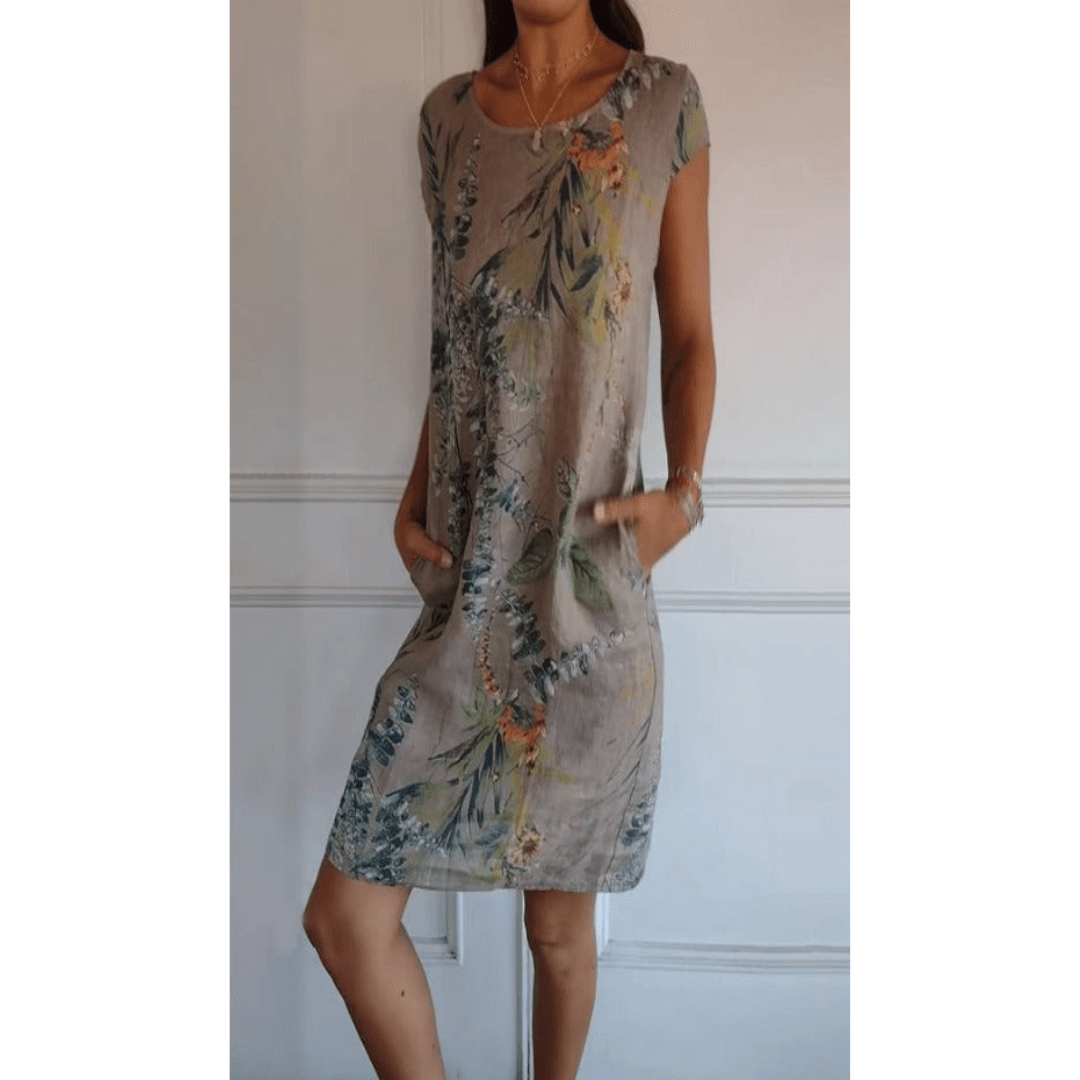 Women's Floral Print Round-Neck Midi Dress with Pockets