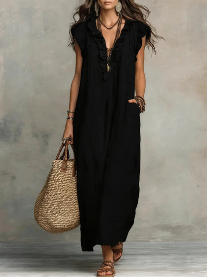 Caldora Maxi Dress in Summer Linen with Ruffle V-Neck and Side Pockets