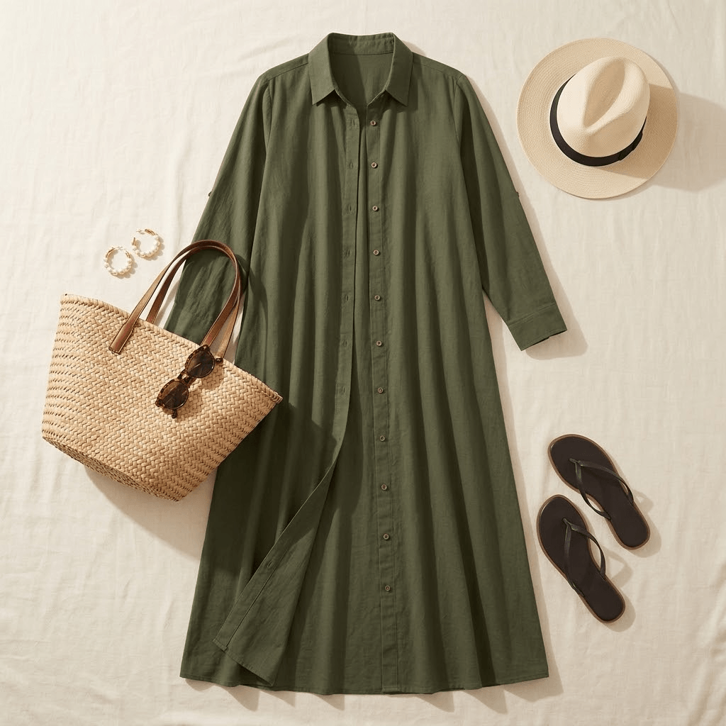 Halvine Button-Through Maxi Shirt Dress with Long Sleeves and Side Pockets