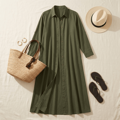 Halvine Button-Through Maxi Shirt Dress with Long Sleeves and Side Pockets