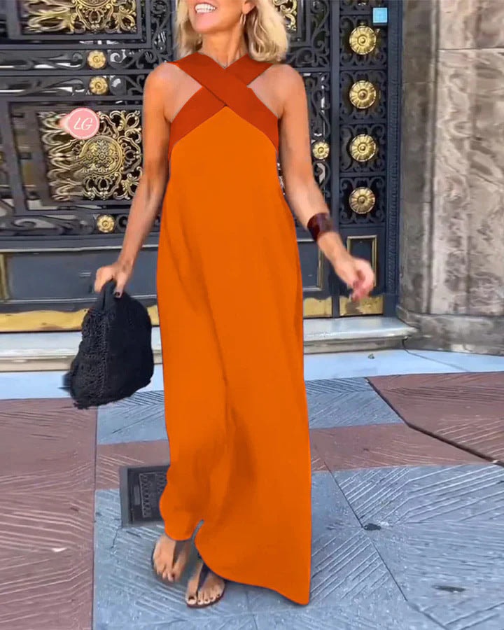 Sleeveless Crossover Halter Linen Summer Maxi Dress with Flowing Skirt