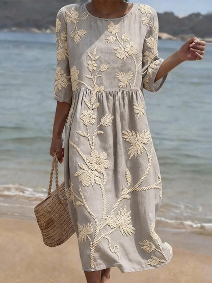 Floral Embroidered Three-Quarter Sleeve Midi Dress for Women