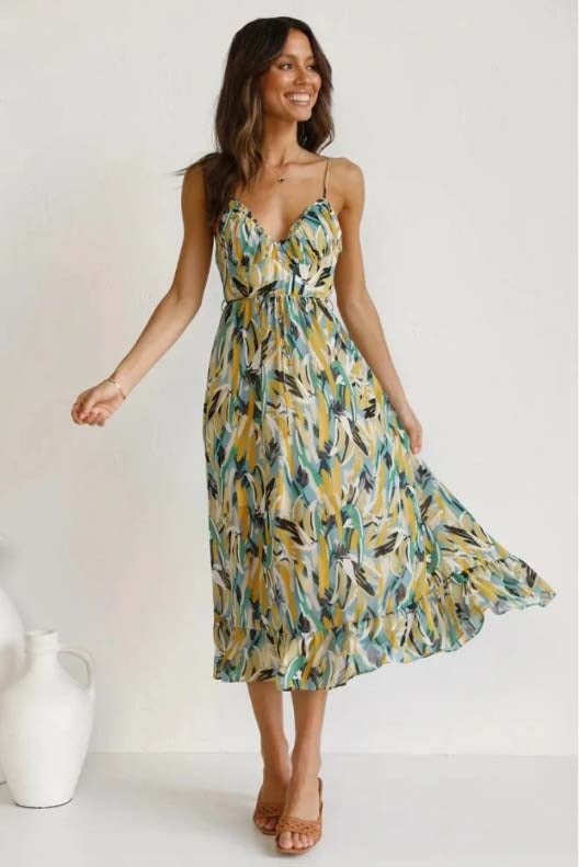 Sara Woven Midi Summer Dress with Abstract Floral Print and Tie Waist