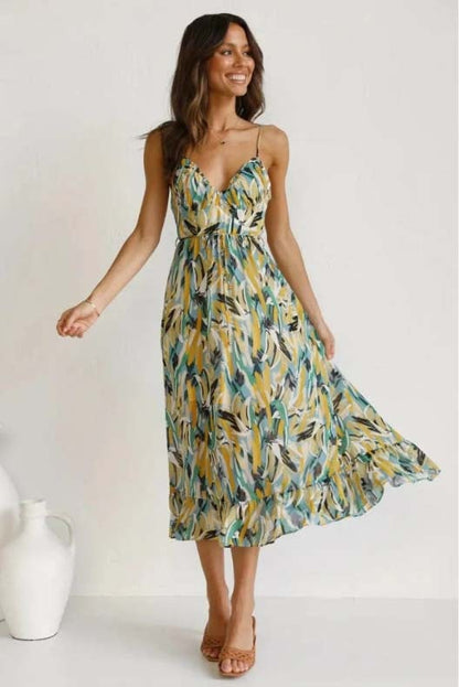 Sara Woven Midi Summer Dress with Abstract Floral Print and Tie Waist