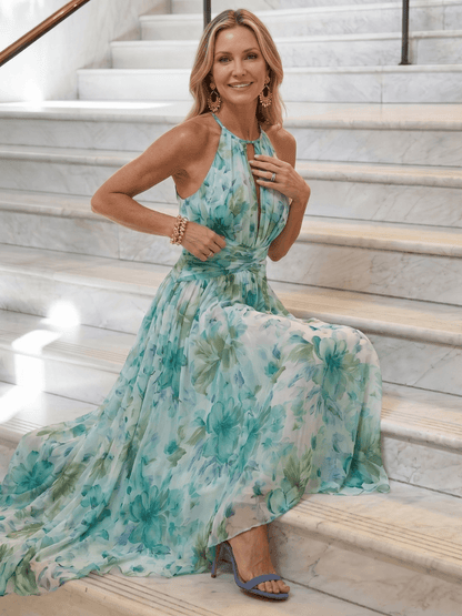 Floral Halter Neck Women's Summer Maxi Dress with Open Back