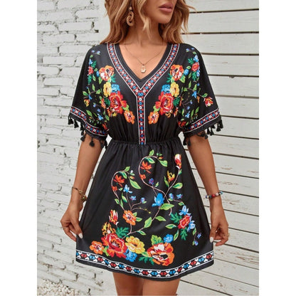 Isla Pemberton Boho Floral Tassel-Sleeve Women's Mini Dress