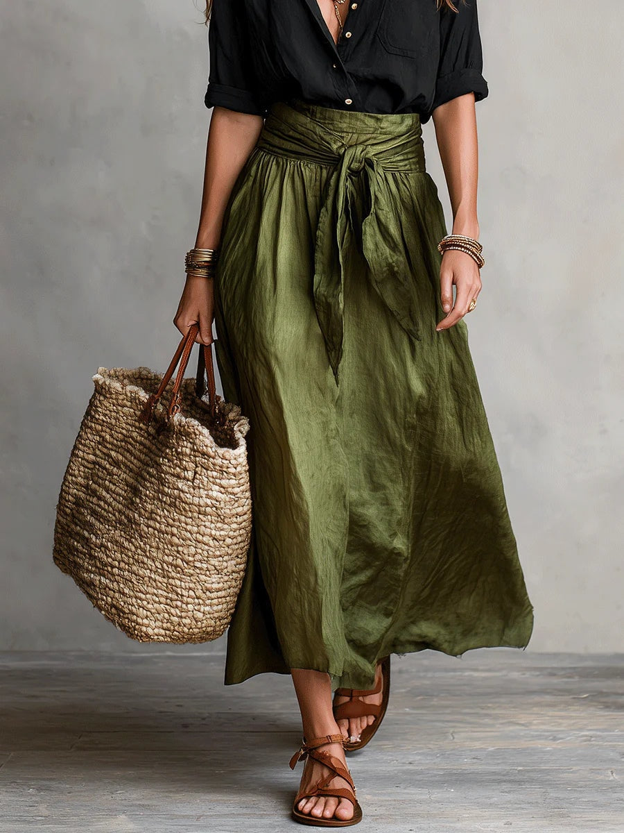 Women's Belted Two-Piece Shirt and Midi Skirt Set