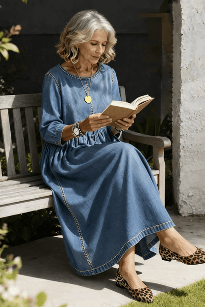 Melissa Round Neck Long Sleeve Denim Maxi Dress with Pockets