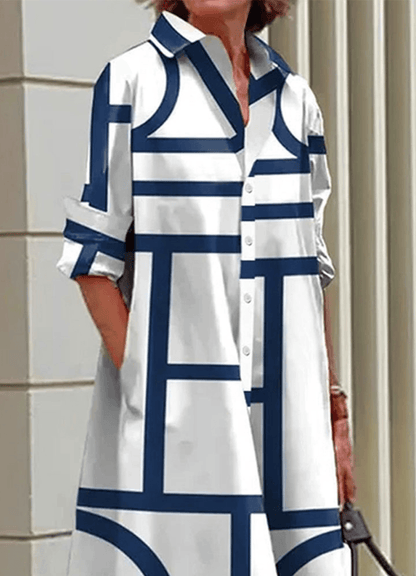 Geometric Print Collared Women's Midi Dress with Side Pockets