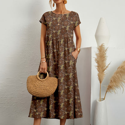 Women's Floral Print A-Line Midi Dress with Short Sleeves