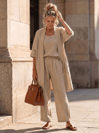 Linen Wide-Leg Pant and Duster Jacket Women's Two-Piece Co-Ord Set