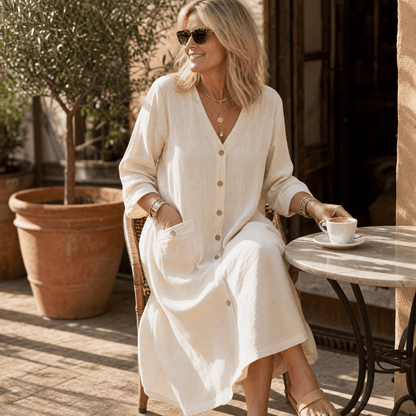 Button-Front V-Neck Midi Dress with Patch Pockets for Women