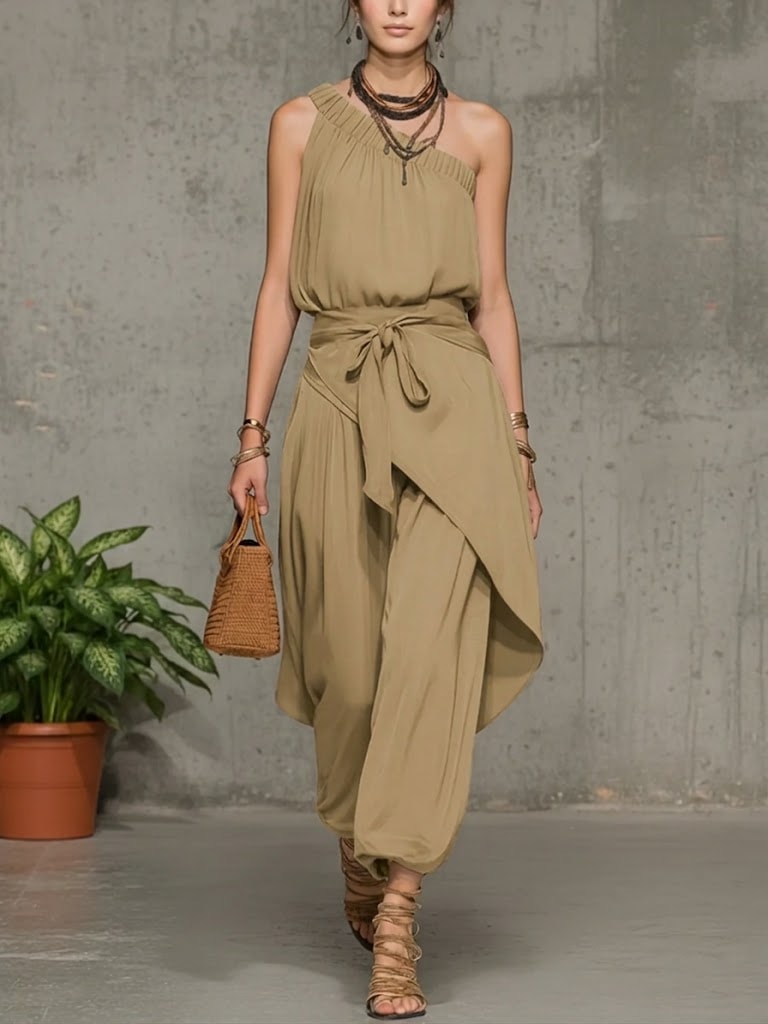 One-Shoulder Linen Jumpsuit with Harem Wide-Leg Silhouette and Tie Waist