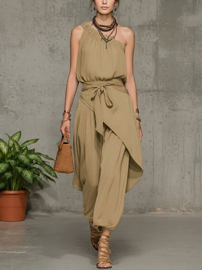 One-Shoulder Linen Jumpsuit with Harem Wide-Leg Silhouette and Tie Waist