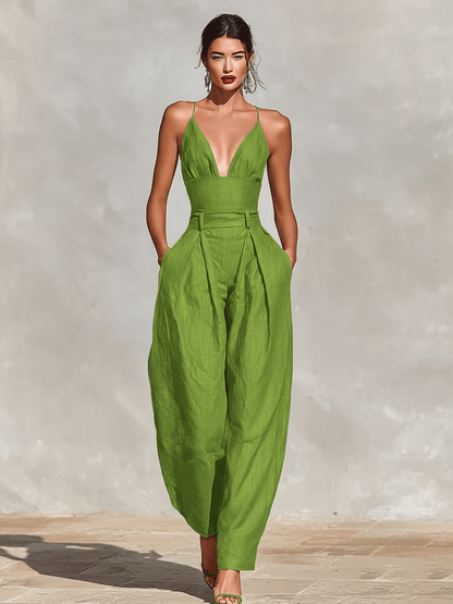 Women's Wide-Leg Linen-Blend Jumpsuit with Deep V Neckline