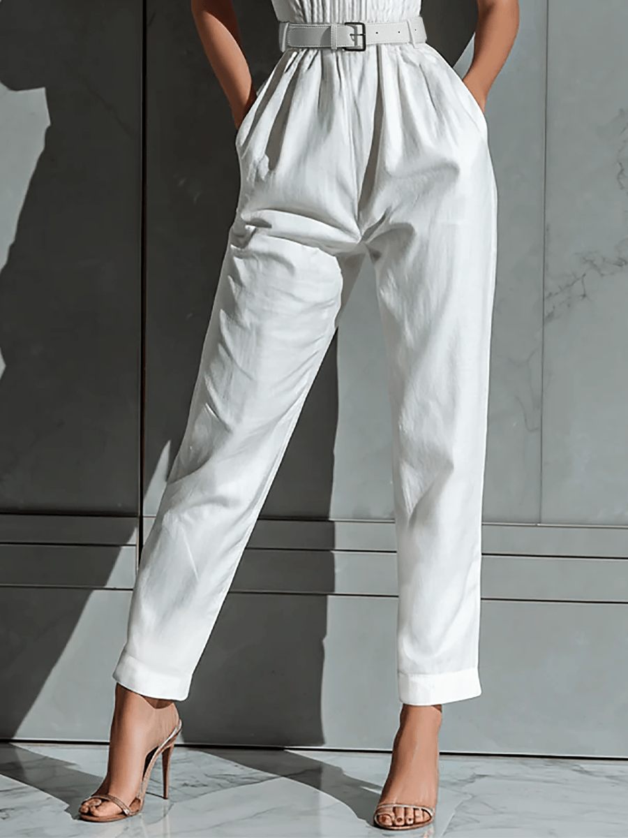 Women's Belted Halter Sweetheart Linen Blend Jumpsuit with Tailored Fit
