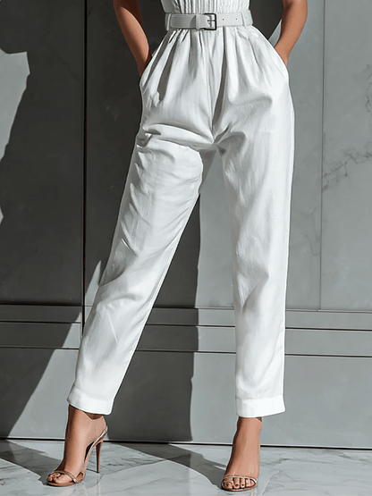 Women's Belted Halter Sweetheart Linen Blend Jumpsuit with Tailored Fit