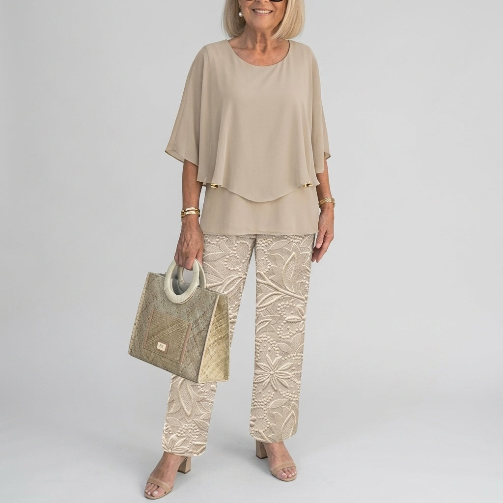 Women's Matching Two-Piece Set with Layered Flutter Top and Wide-Leg Pants