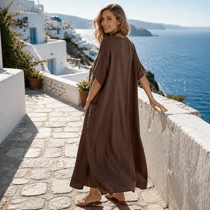 Marisole Loose-Fit V-Neck Maxi Dress with Deep Pockets and Side Slits