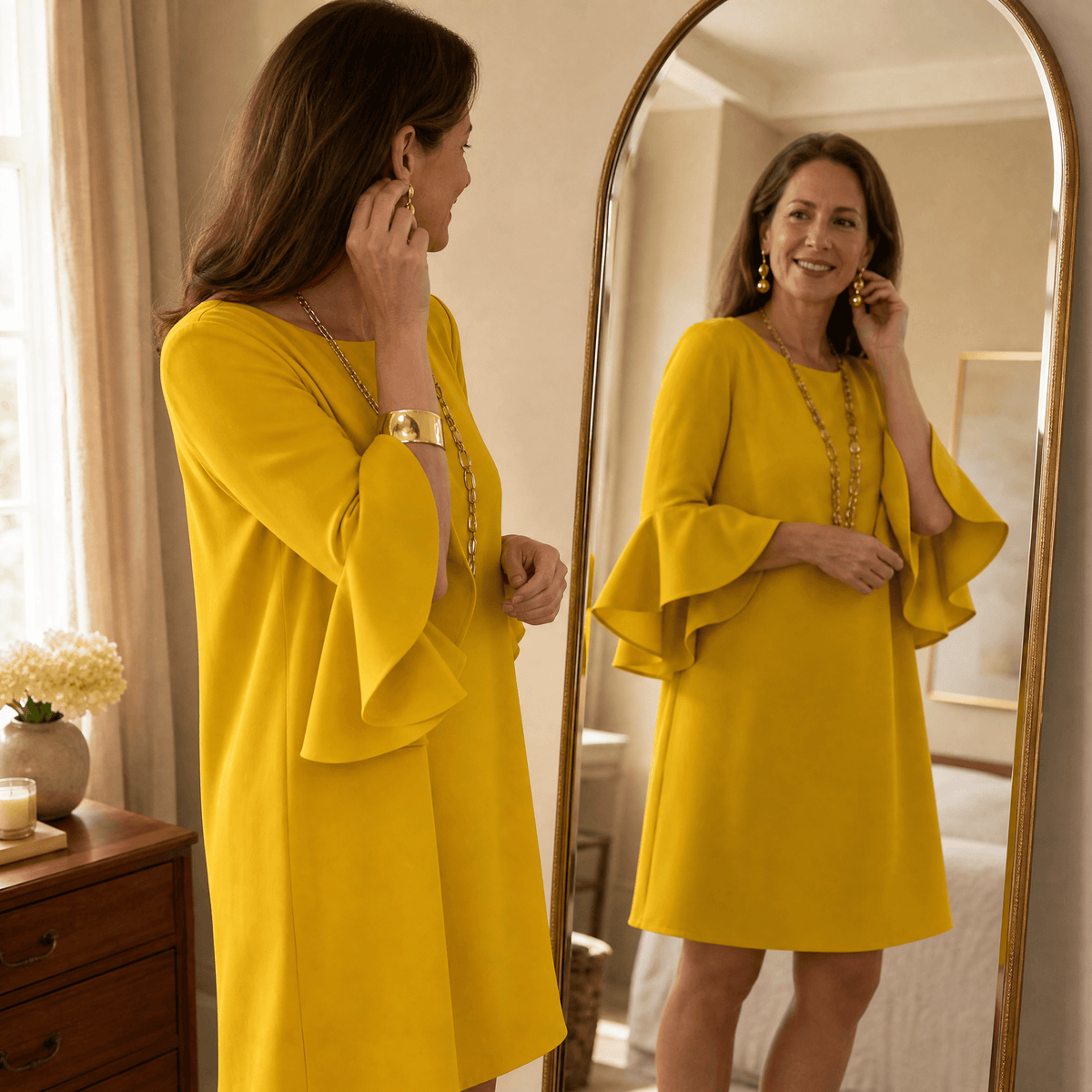 Hilaria Cotton Bell-Sleeve Women's Midi Dress with Ruffle Cuffs