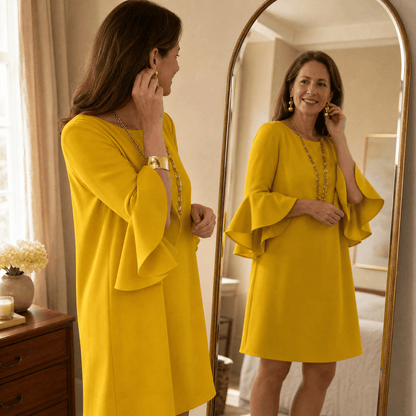 Hilaria Cotton Bell-Sleeve Women's Midi Dress with Ruffle Cuffs