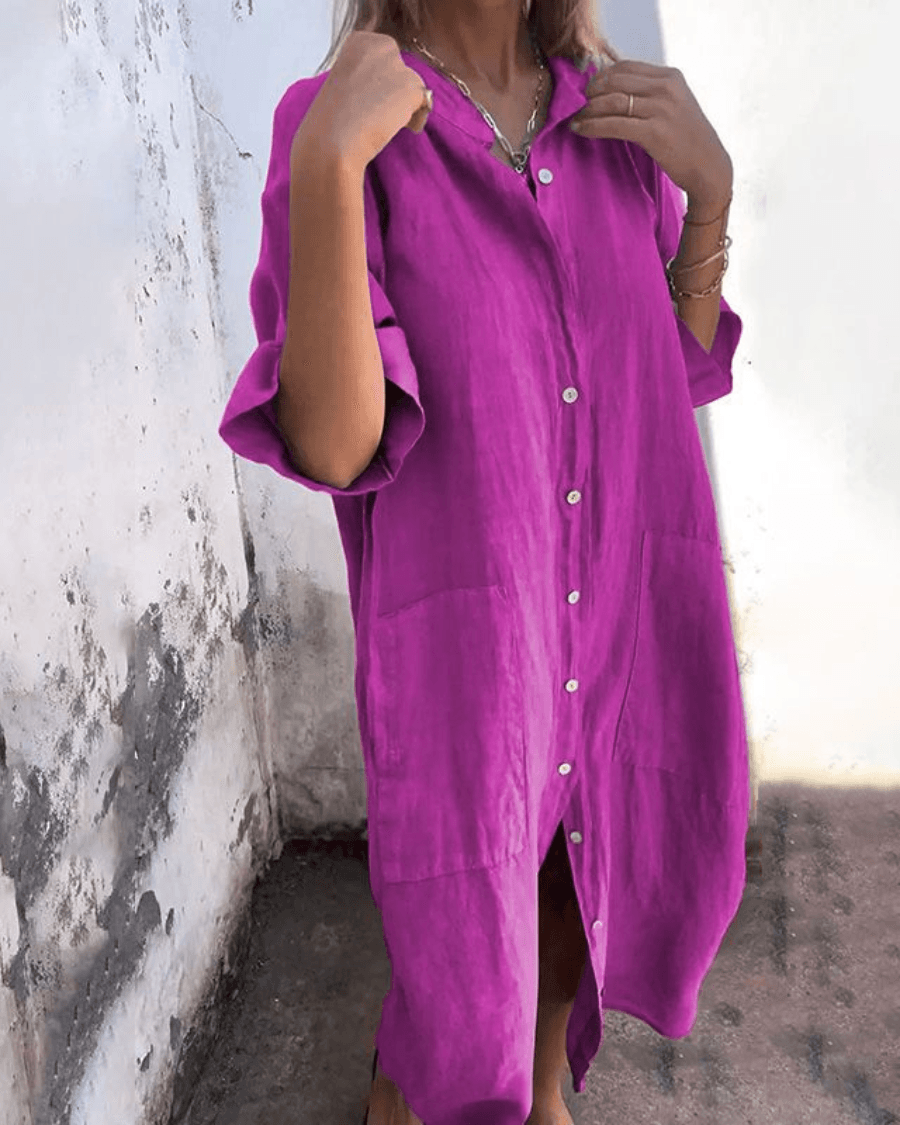 Valerie Button-Up Summer Midi Shirt Dress with Half Sleeves and Patch Pockets