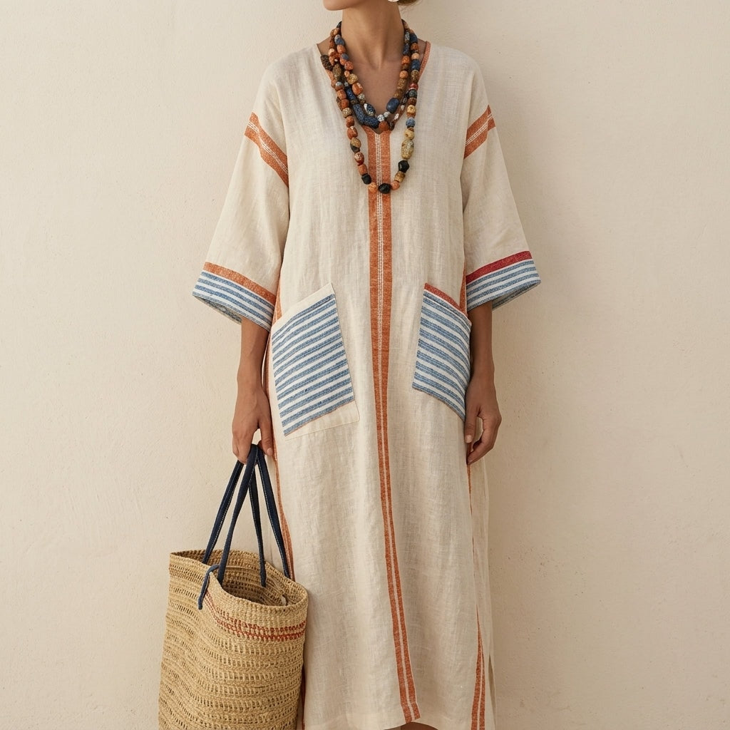 Calveth Relaxed Striped Linen Summer Maxi Dress with Patch Pockets